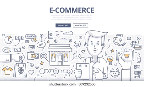 Doodle design style concept of e-commerce sales, online shopping, digital marketing and customer buying experience. Modern line style illustration for web banners, hero images, printed materials