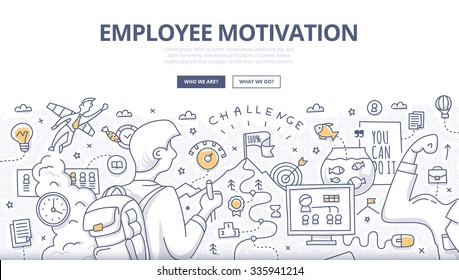 Diseño de Doodle concepto de motivación de los empleados, éxito, logro de objetivos profesionales. Ilustración de estilo de línea moderna para banners web, imágenes de héroes, materiales impresos