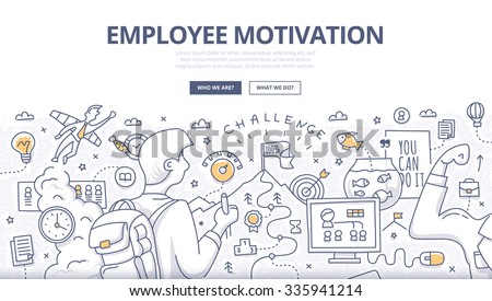 Doodle design style concept of employee motivation, success, achieving career goals. Modern line style illustration for web banners, hero images, printed materials