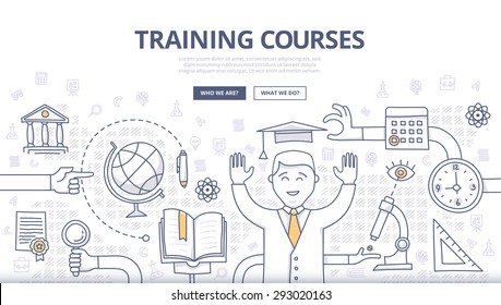 Doodle design style concept of global education, training courses, obtaining specialty, university graduation, career. Modern concepts for web banners, online tutorials, printed, promotional materials