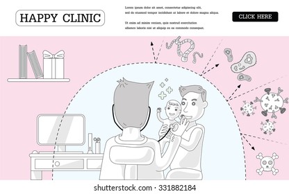 Doodle design style concept of happy clinic or hospital.