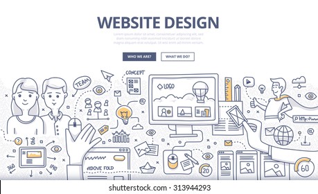 Doodle Design Style Concept Of Layout Web Design, Creativity In Building Web Page, Website Development Technology.  Modern Line Style Illustration For Web Banners, Hero Images, Printed Materials