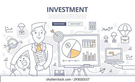 Doodle design style concept of making investments, crowd funding, growing business profit, building effective financial strategy. Modern concepts for web banners, online tutorials, printed materials