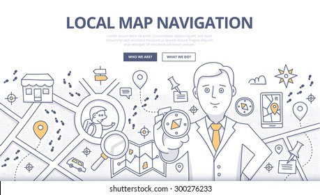 Doodle design style concept of map navigation, local business marketing, mobile geo technology. Modern line style concepts for web banners, online tutorials, printed and promotional materials