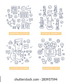 Doodle design style concept of marketing activities and tools, reaching potential customers and satisfying them. Perfect to explain the process of how company works, to promote company features