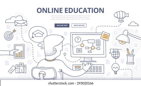 Doodle design style concept of online education, distance learning, retraining. Modern concepts for web banners, online tutorials, printed and promotional materials