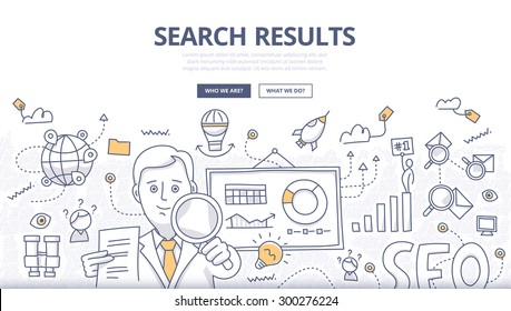 Doodle design style concept of online search, SEO technology, user web search experience, website ranking and marketing. Concepts for web banners, online tutorials, printed and promotional materials