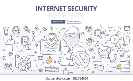 Doodle design style concept of online data and computer network protection solutions, cyber security, web technology. Modern line style illustration for web banners, printed materials