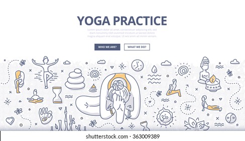 Diseño de Doodle concepto de practicar yoga, concentración, bienestar. Ilustración de estilo de línea moderna para banners web, imágenes de héroes, materiales impresos