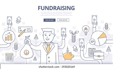 Doodle design style concept of raising funds, making investments, crowd funding, donating money, growing profit. Modern concepts for web banners, online tutorials, printed and promotional materials