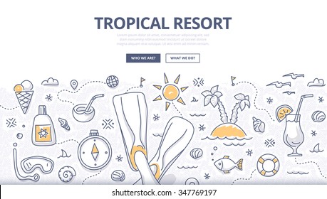 Doodle design style concept of relaxing on tropical beach, spending vacation on the sea. Modern line style illustration for web banners, hero images, printed materials