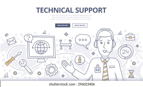 Doodle design style concept of technical support, online call center, customer care service.Â Modern line style concepts for web banners, online tutorials, printed and promotional materials