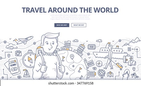 Doodle Design Style Concept Of Traveling Around The World, Tourism Adventure Lifestyle . Modern Line Style Illustration For Web Banners, Hero Images, Printed Materials