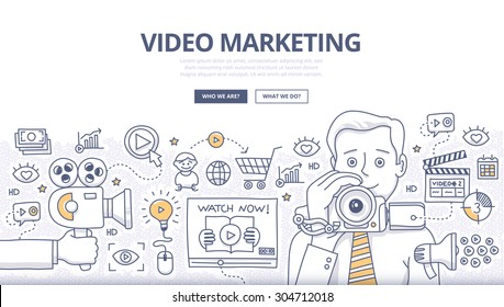 Doodle design style concept of video marketing strategy, product overview, creating explainer video to increase sales. Modern line style illustration for web banners, hero images, printed materials