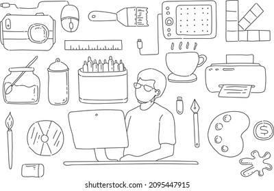 Doodle Design Style, Hand Drawn Doodle Cartoon Set of Design Theme Items, Line Art Vector, Sketch, Doodle Icon