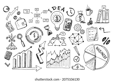 Doodle design style. Hand-drawn business symbols.  Charts, folders, charts and various business icons.