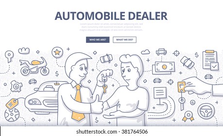 Doodle design style illustration of buying, selling new or used car, rent car, test drive. Automobile dealership modern line style concept for web banners, printed materials