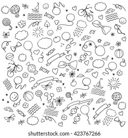 Doodle design. Vacation, Festive symbols elements vector set. Hand drawn illustrations, Holiday, travel, childhood, sport, school, birthday, food.