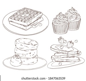 Doodle of dessert collection, waffle, cupcake, fluffy pancake, pancake