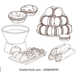 Doodle of dessert, pastel de nata, macaron, chocolate fondue, cannoli