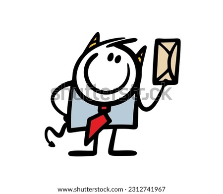 Doodle devil in a business suit is handing out salaries in envelopes to employees in the office. Vector illustration of a boss with horns from hell. Cartoon image isolated on white background.