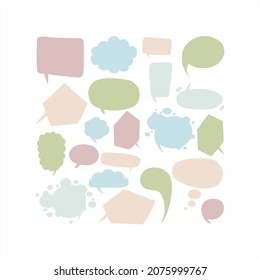 

Doodle dialog boxes of various shapes. Space for text for comics and advertising of nice colors on a white background. Original templates for chat and communication. Big set of banners