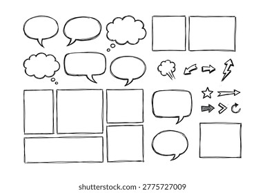 Doodle dialogue balloons, comic strip frames, sketchy arrows and stars, story panel layout, hand drawn ink collection.