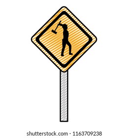 doodle diamond caution emblem and laborer with mallet