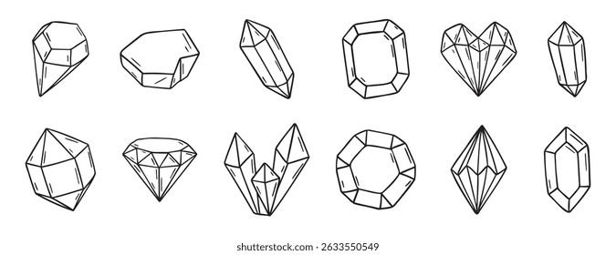 Doodle diamante y cristales doodle dibujado a mano conjunto de iconos. Colección de símbolos de Clipart de línea de dibujo de esquema. Ilustración vectorial