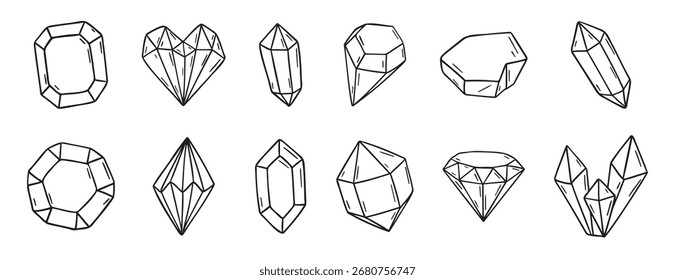 Doodle diamond and crystals doodle hand drawn icon set. Outline drawing line clipart symbol collection. Vector illustration