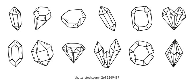 Doodle diamond and crystals doodle hand drawn icon set. Outline drawing line clipart symbol collection. Vector illustration