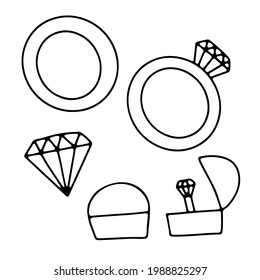 Anillo de diamante Doodle en un juego de cajas. Una joyería hecha a mano con brillantes piedras preciosas. Un anillo de novias es un símbolo de compromiso, boda, matrimonio, amor, Día de San Valentín, presente. Ilustración del vector