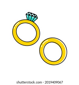 Doodle diamond ring. Hand-drawn brilliant jewelry with gemstone on white background. Gold bridal ring is a symbol of engagement, wedding, marriage, love, Valentines Day present. Vector illustration