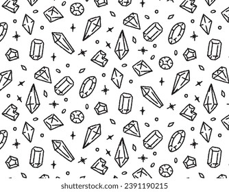 Doodle diamonds pattern in hand drawn color, line gems on a transparent background. Vector jewelry stones