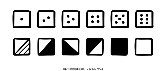Doodle dice cube set. Game sign. Vector sketch. Gambling symbol. Decoration for apparel, greeting cards, posters, emblems, wallpapers
