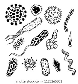 Doodle different germs bacteria black on white