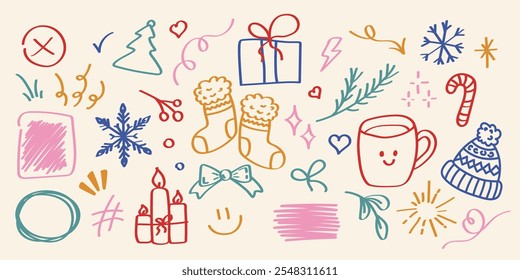 Doodle different New Year objects cute set. Christmas new year. Vector cute set of elements in doodle line style winter set vintage.Comic cartoon effect cute element set.Cute hand drawn doodle.