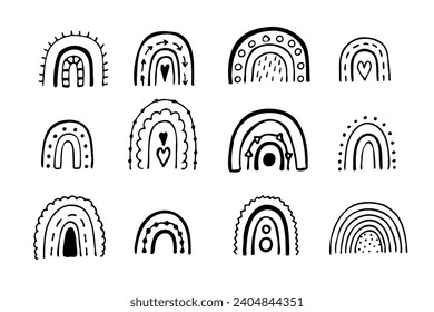 Doodle different rainbows set. Cute decoration monochrome elements. Baby boho style. Black and white isolated vector illustration. Scandinavian nordic ornaments.