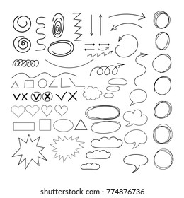 Doodle different shapes, cloud speech, ticks and arrows set made by pencil.