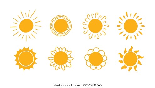 Doodle different sun icons set. Scribble yellow sun with rays symbols. Doodle children drawings collection. Hand drawn burst. Hot weather sign. Vector illustration isolated on white background.