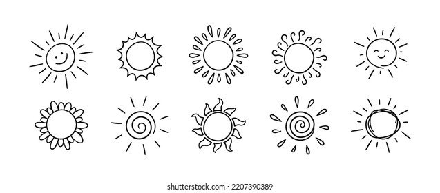 Diferentes iconos de sol se ponen. Sol esgrimido con símbolos de rayos. Colección de dibujos de niños Doodle. Brote dibujado a mano. Señal de clima caluroso. Ilustración vectorial aislada en fondo blanco.