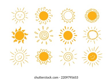 Doodle different sun icons set. Scribble yellow sun with rays symbols. Doodle children drawings collection. Hand drawn burst. Hot weather sign. Vector illustration isolated on white background.