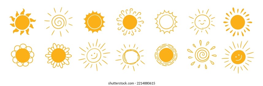 Doodle different sun icons set. Scribble yellow sun with rays symbols. Doodle children drawings collection. Hand drawn burst. Hot weather sign. Vector illustration isolated on white background.