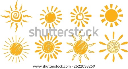 Doodle different sun icons set. Scribble yellow sun with rays symbols. Doodle children drawings collection. Hand drawn burst. Hot weather sign. Vector illustration isolated on white background.