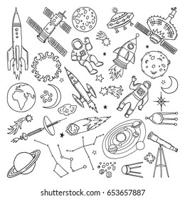 Doodle different universe elements. Planets, sun, earth and moon. Vector hand drawn illustrations