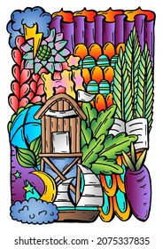 Doodle digital art with assorted objects and colors