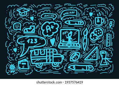 Doodle Digital-Klassenzimmer-Poster. Handgezeichnete Vektorgrafik des Online-Lernens. Online-Kurse Lineal, Bus, Unterricht für Digital-Klasse. Vektorgrafik