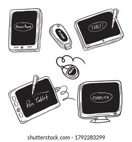 Doodle digital devices, vector illustration. Such us tablet, pen tablet, laptop, smartphone and other.
