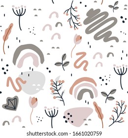 Doodle digital paper in soft pastel colors with plants, flowers, rainbow and bold abstract objects.Simple minimalist nordic scandinavian pattern for kids and baby nursery fabric or spring trendy print