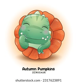 Doodle dinosaur Autumn Pumpkins collection with watercolor illustration